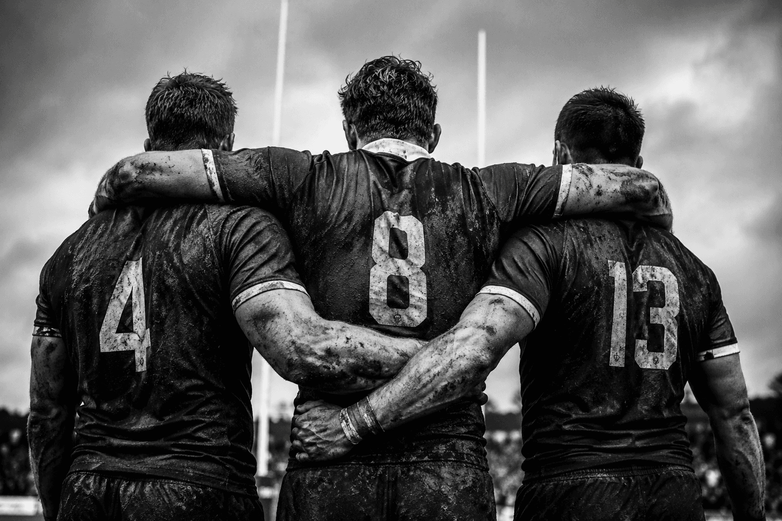 Trois joueurs de rugby solidaires face aux poteaux